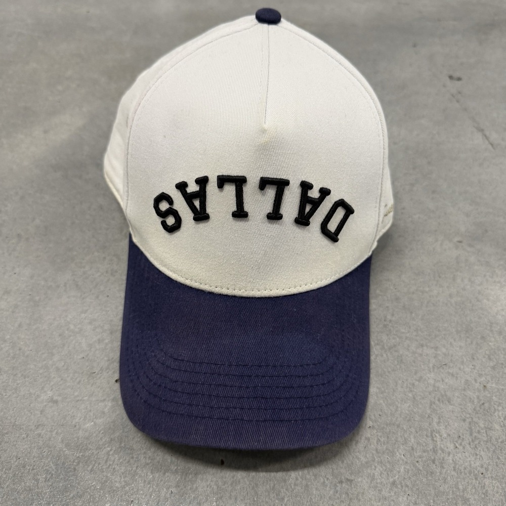 True Brvnd Dallas Snapback Hat White Navy Cap Upside Down Logo